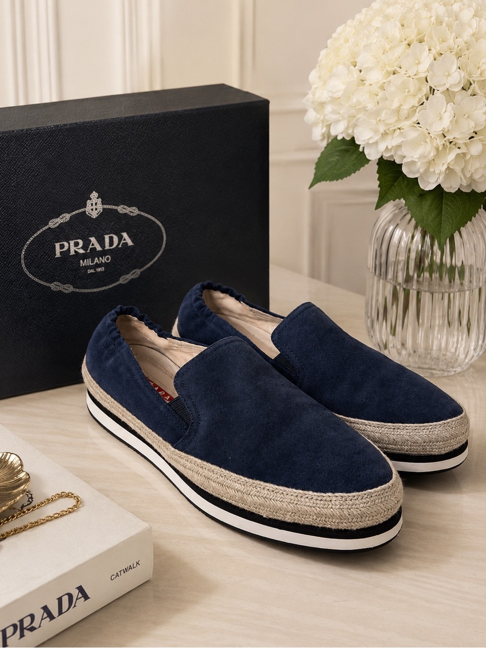 PRADA Navy Blue Suede Espadrille Platform Slip on Sneakers IT 37 US 7